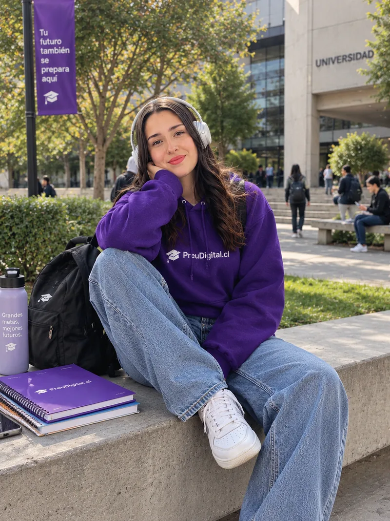 Estudiante con polerón violeta de PreuDigital.cl sentada en el campus, con audífonos y cuadernos